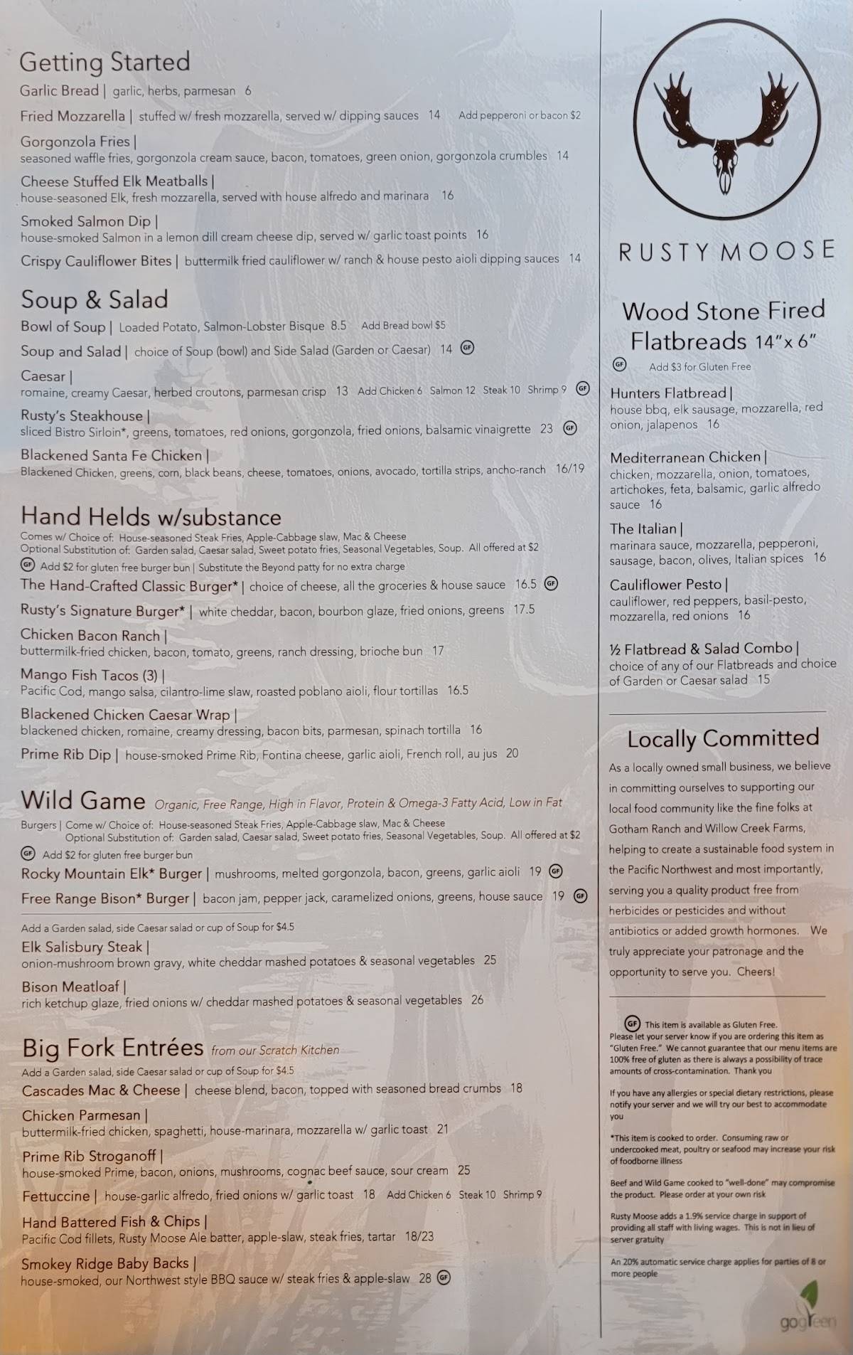 Menu at Rusty Moose steakhouse, Spokane, 9105 US2
