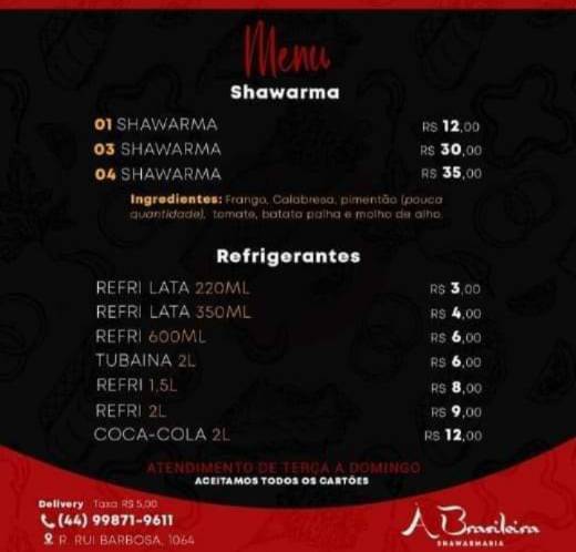 SHAWARMARIA A BRASILEIRA cardápio