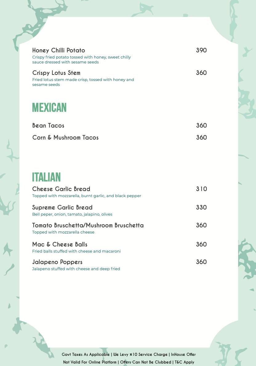SKYBEACH - ROOFTOP RESTRAUNT LOUNGE & BAR IN JAIPUR menu