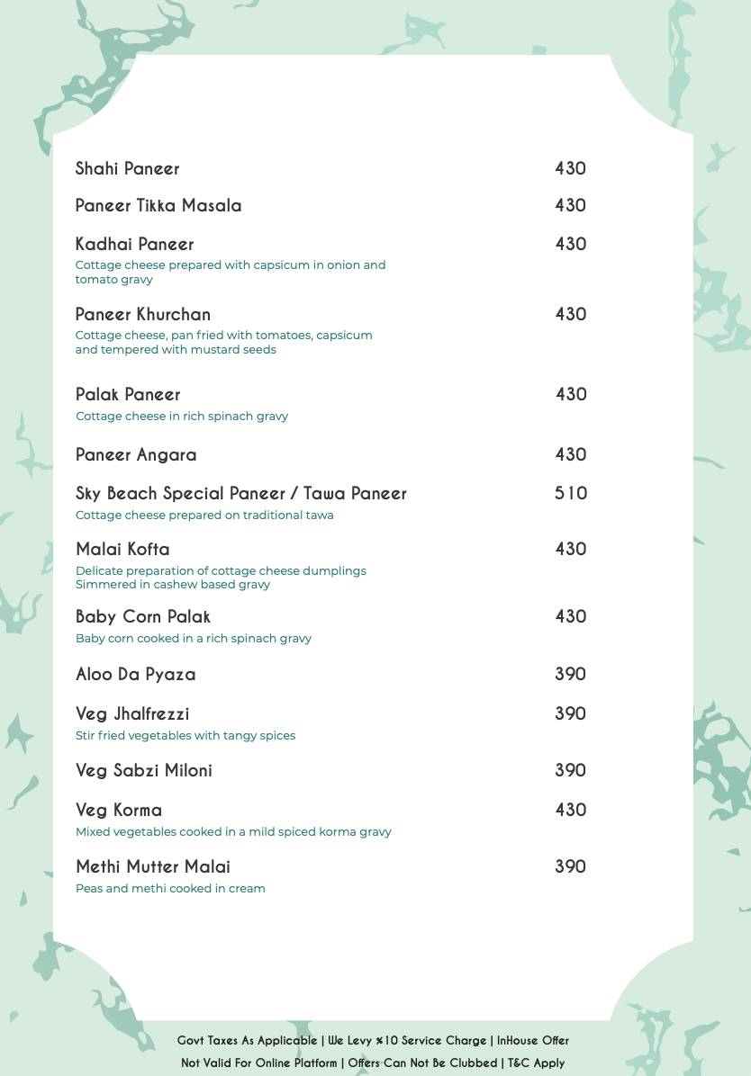 SKYBEACH - ROOFTOP RESTRAUNT LOUNGE & BAR IN JAIPUR menu