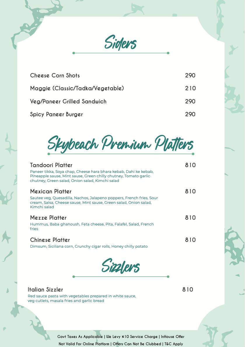 SKYBEACH - ROOFTOP RESTRAUNT LOUNGE & BAR IN JAIPUR menu