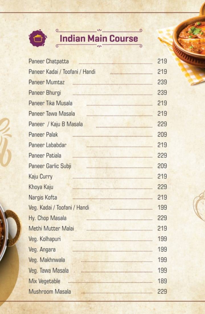 SUBH RESTAURANT menu