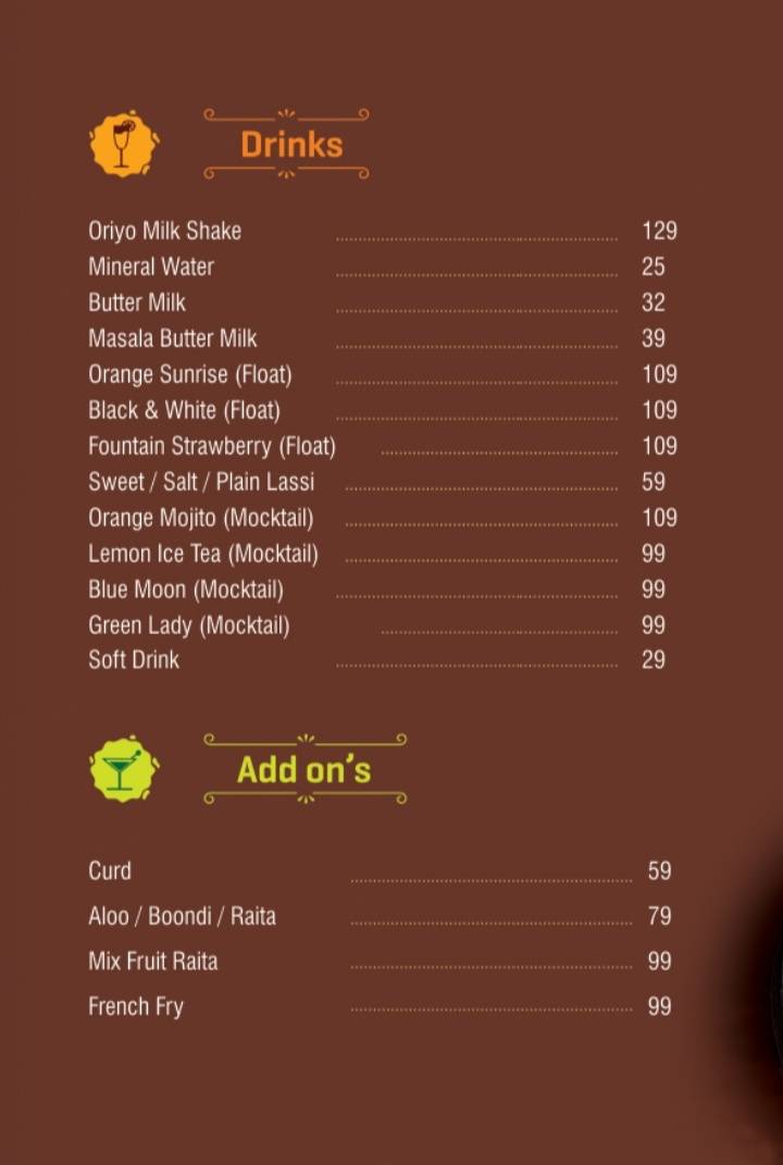 SUBH RESTAURANT menu