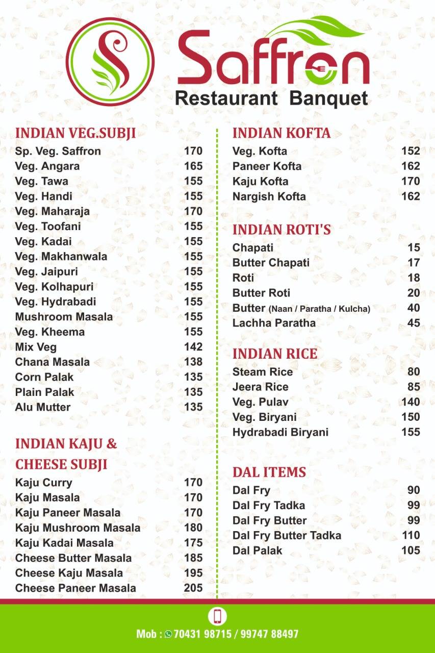 Saffron Restaurant Banquet menu