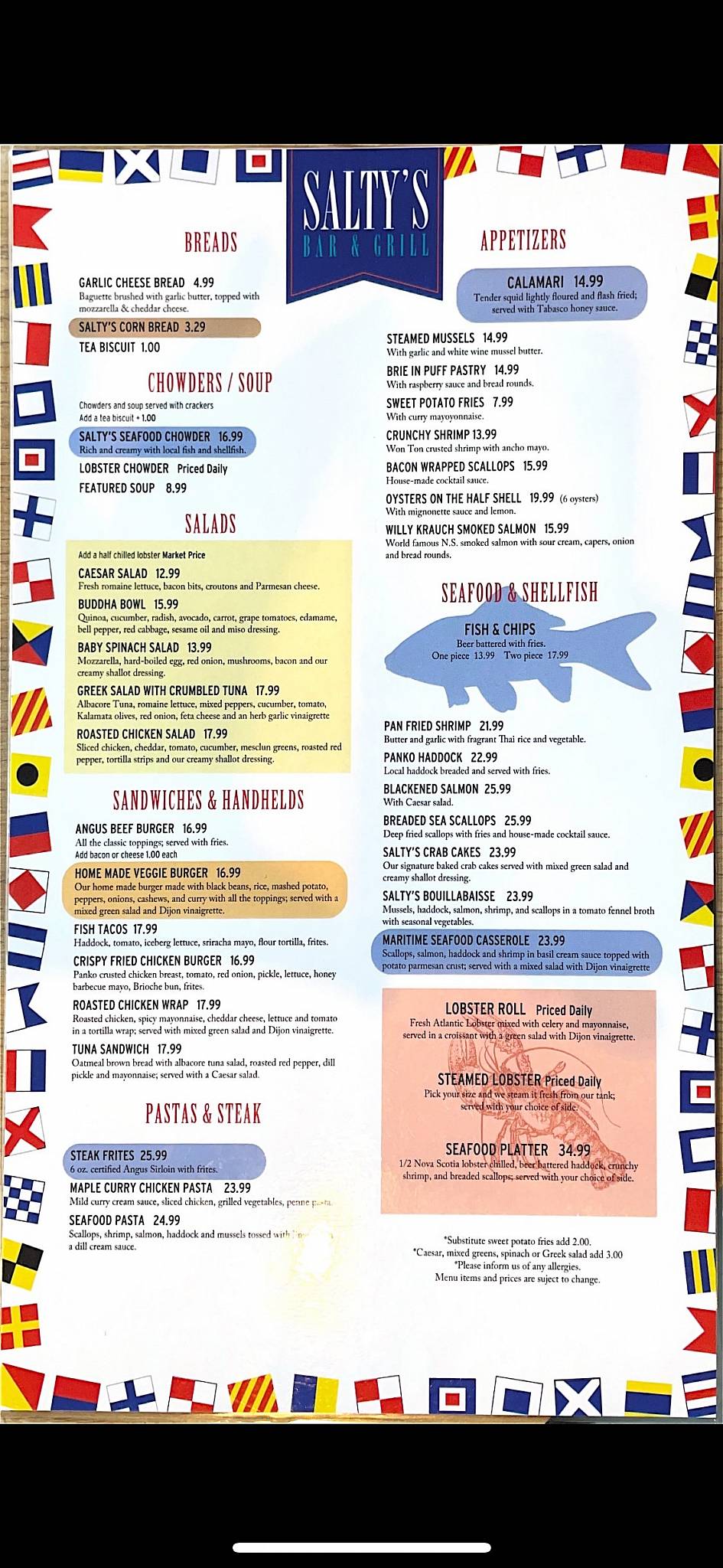 Menu At Salty s Restaurant Halifax Menu At Salty s Restaurant Halifax