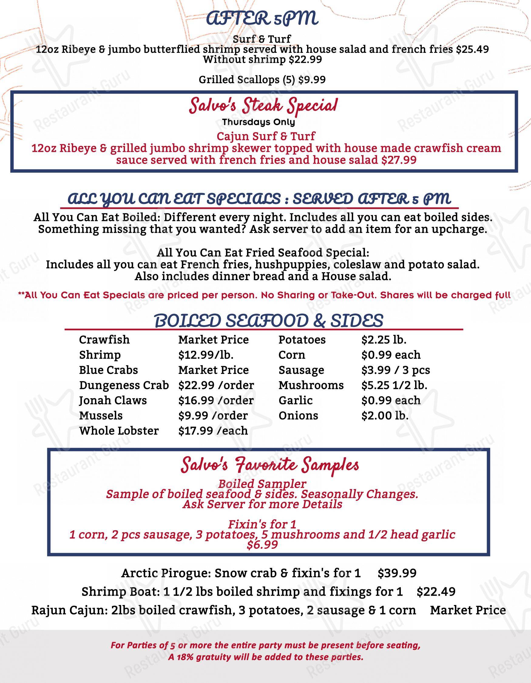 Menu at Salvo's Seafood restaurant, Belle Chasse