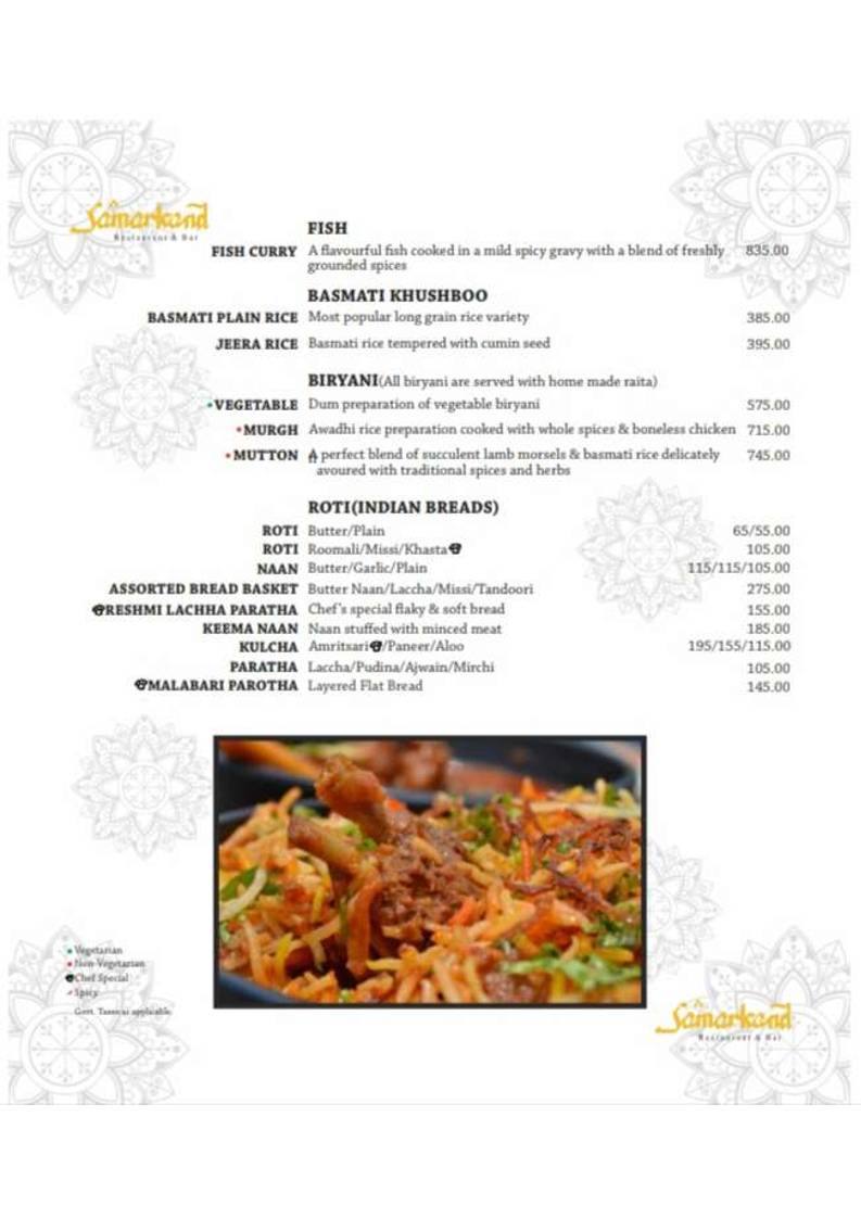 Samarkand Restaurant & Bar menu