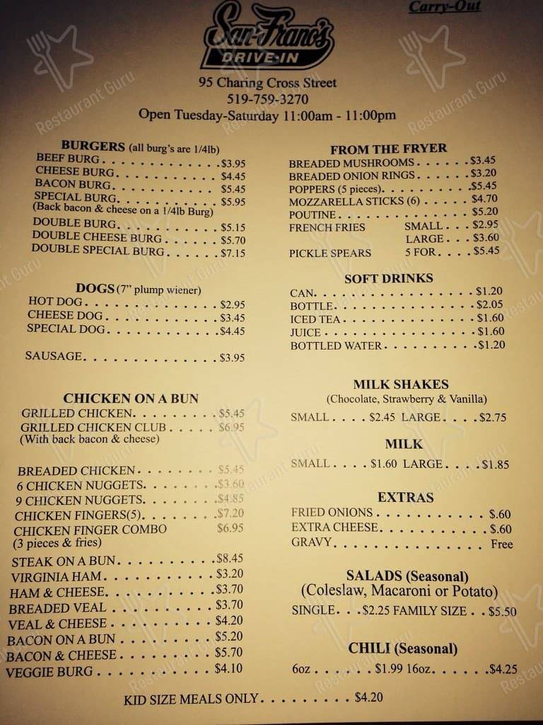 Menu at San Franos Carry Out Ltd fast food, Brantford