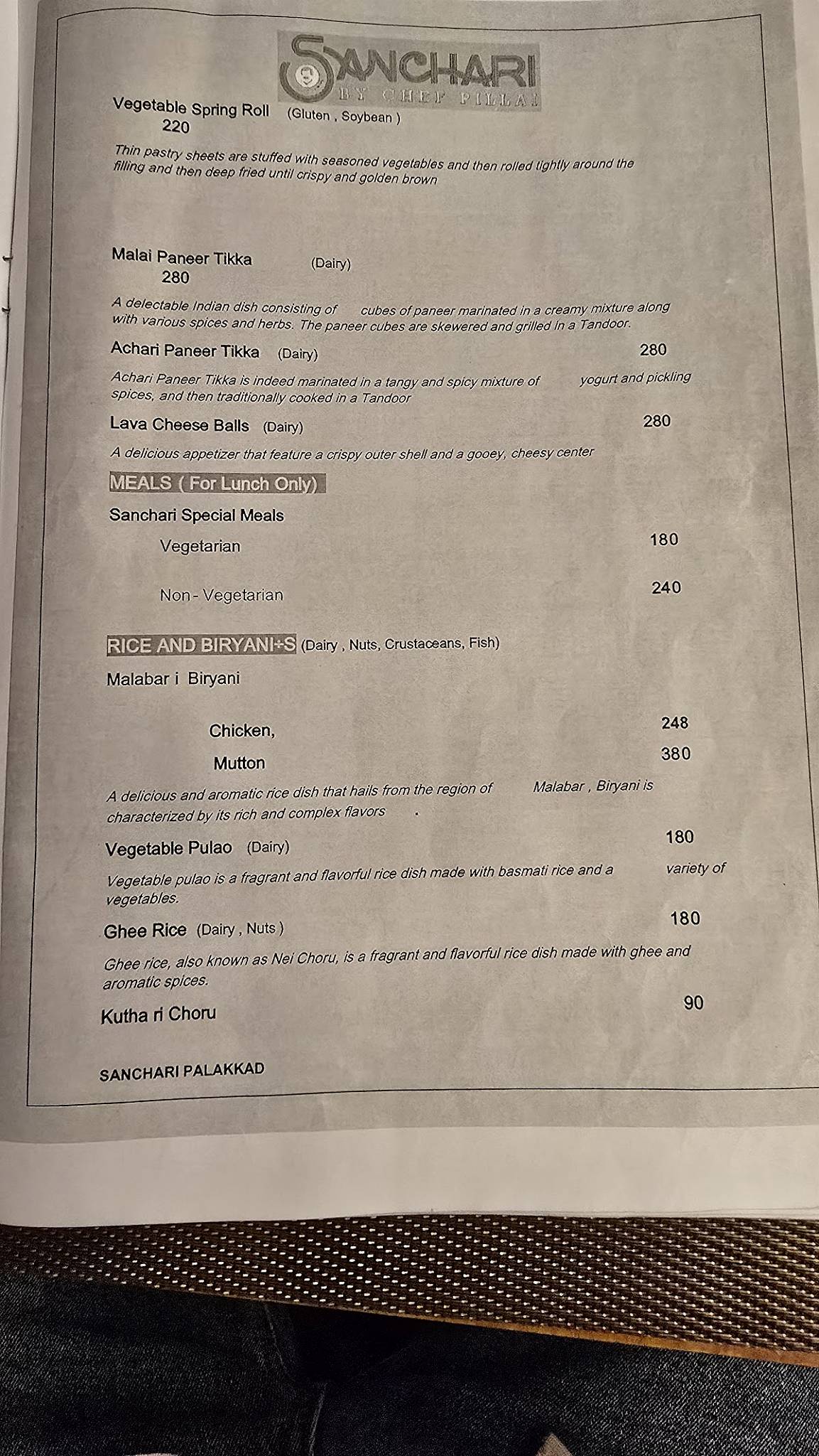 Sanchari by Chef Pillai Palakkad menu