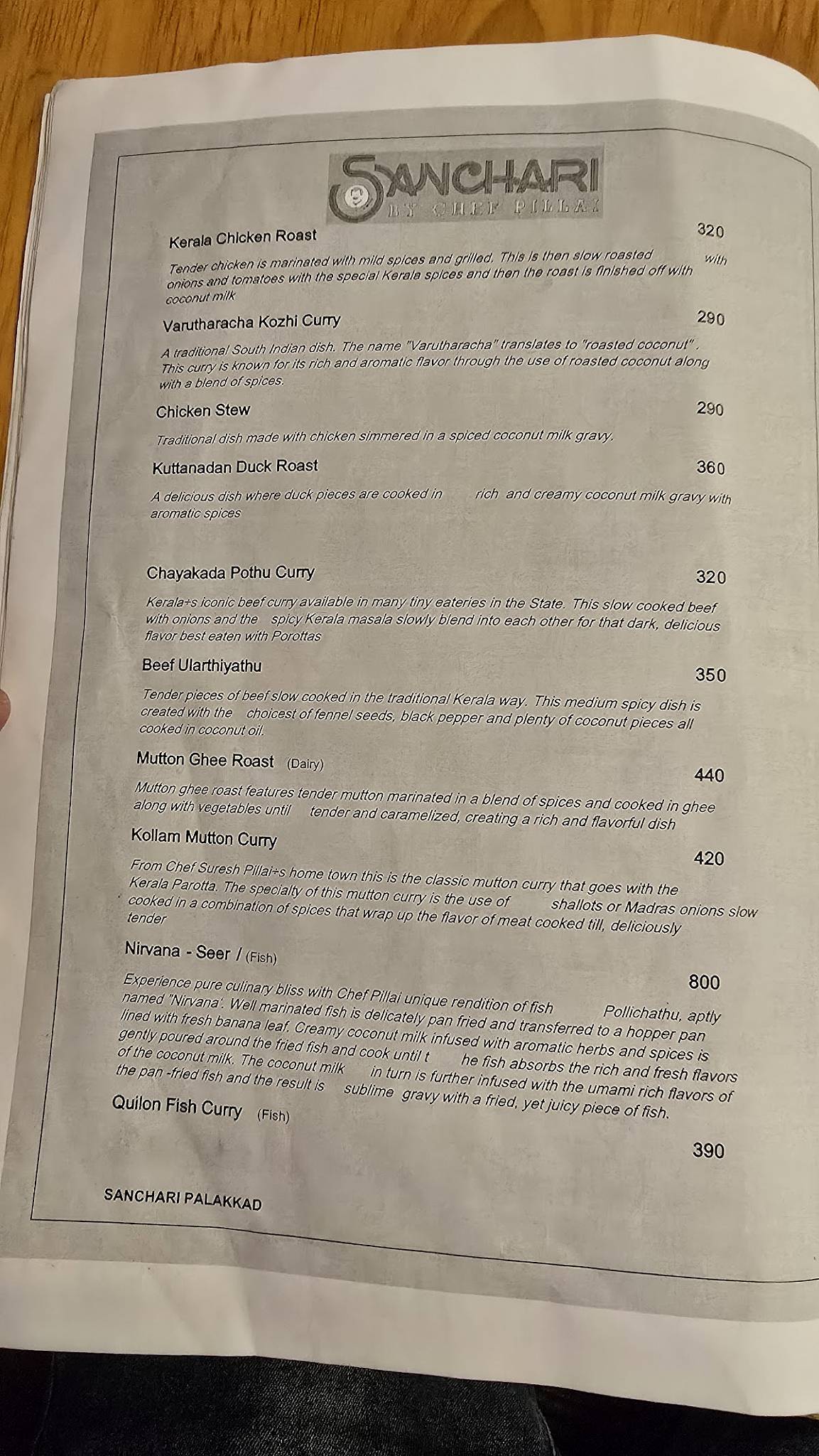 Sanchari by Chef Pillai Palakkad menu