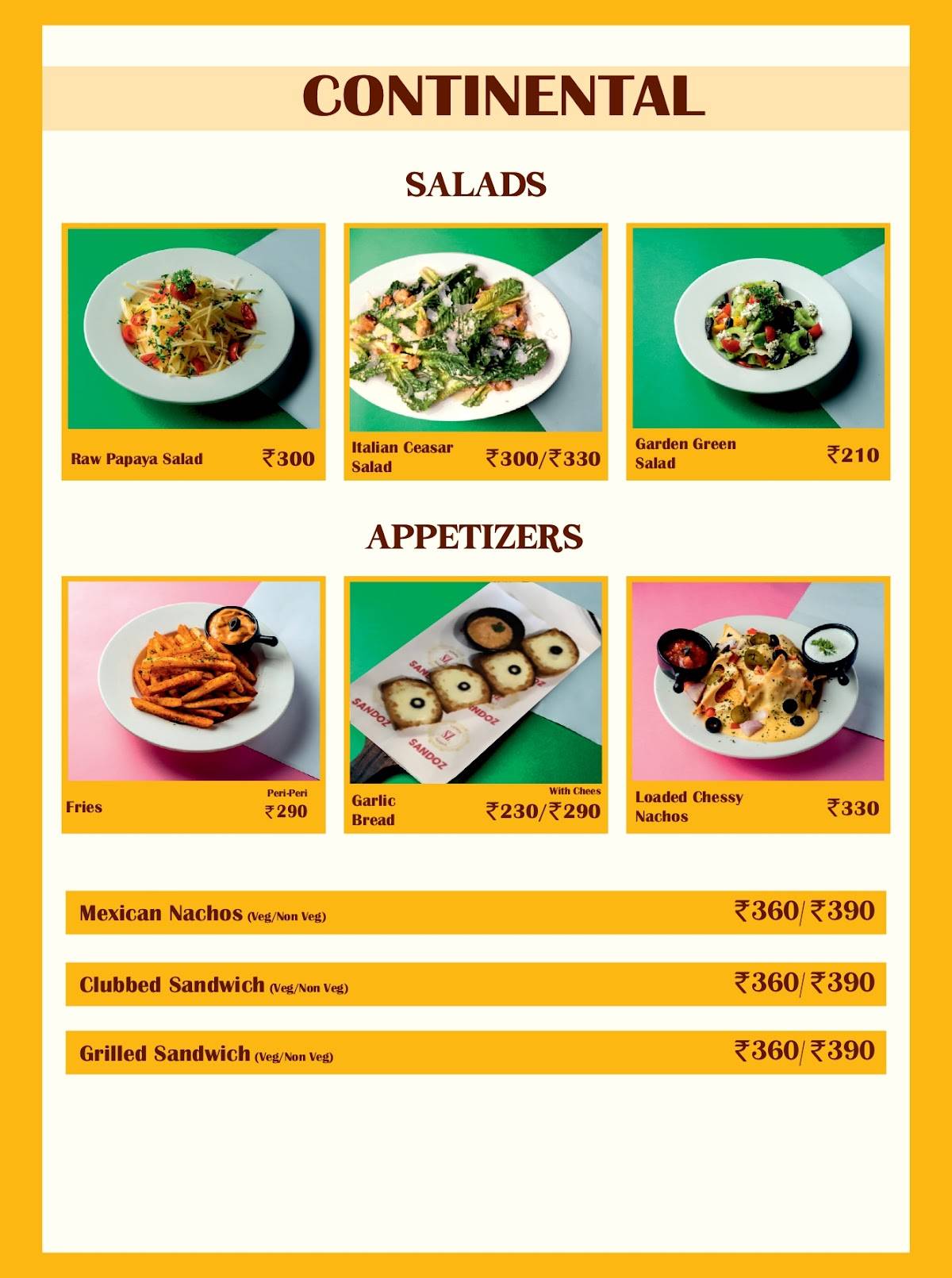 Sandoz Restaurant - Paschim Vihar menu
