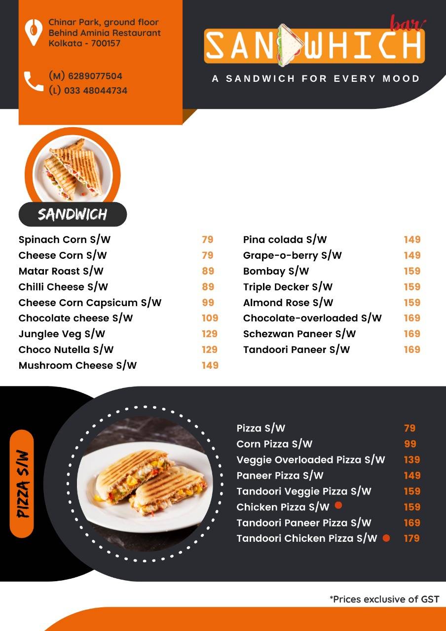 Sandwhich Bar menu