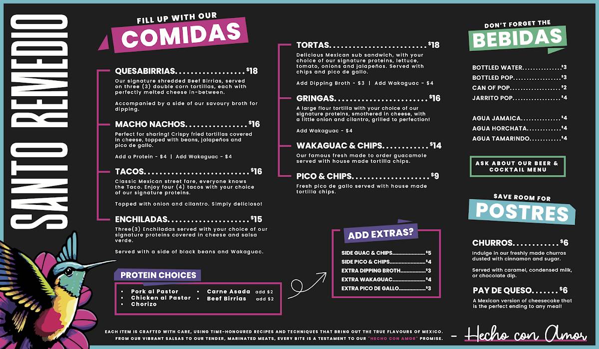 Menu at Santo Remedio Mexican Grill restaurant, Coquitlam