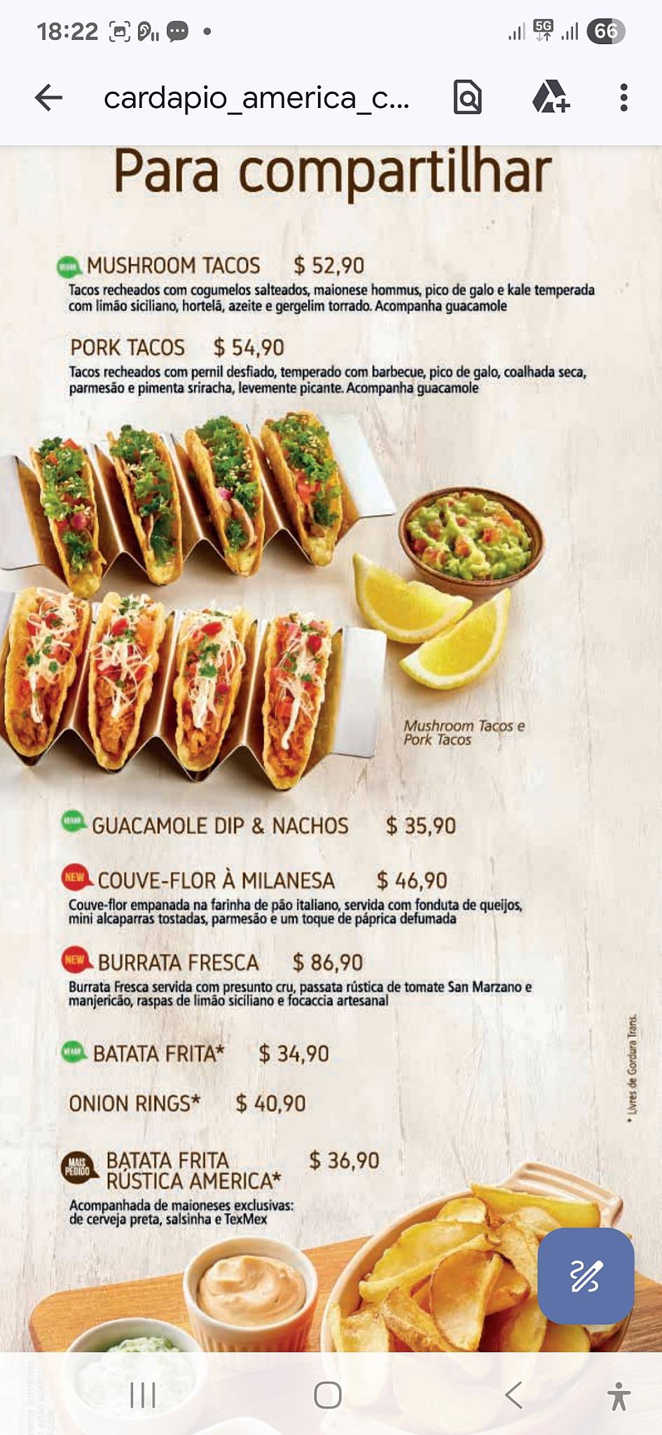 Restaurante America Paulista cardápio