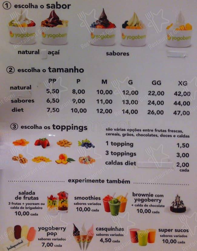 Menu at Yogoberry cafe Sao Paulo Avenida Higienopolis 618