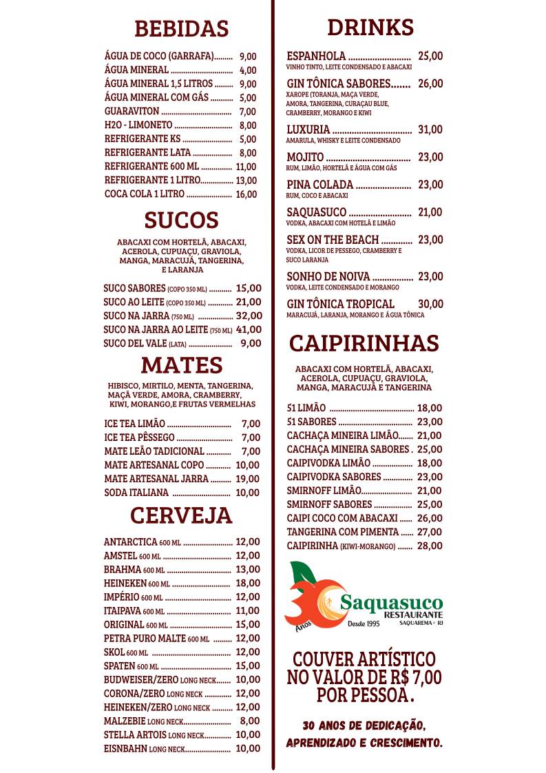 RESTAURANTE SAQUASUCO cardápio