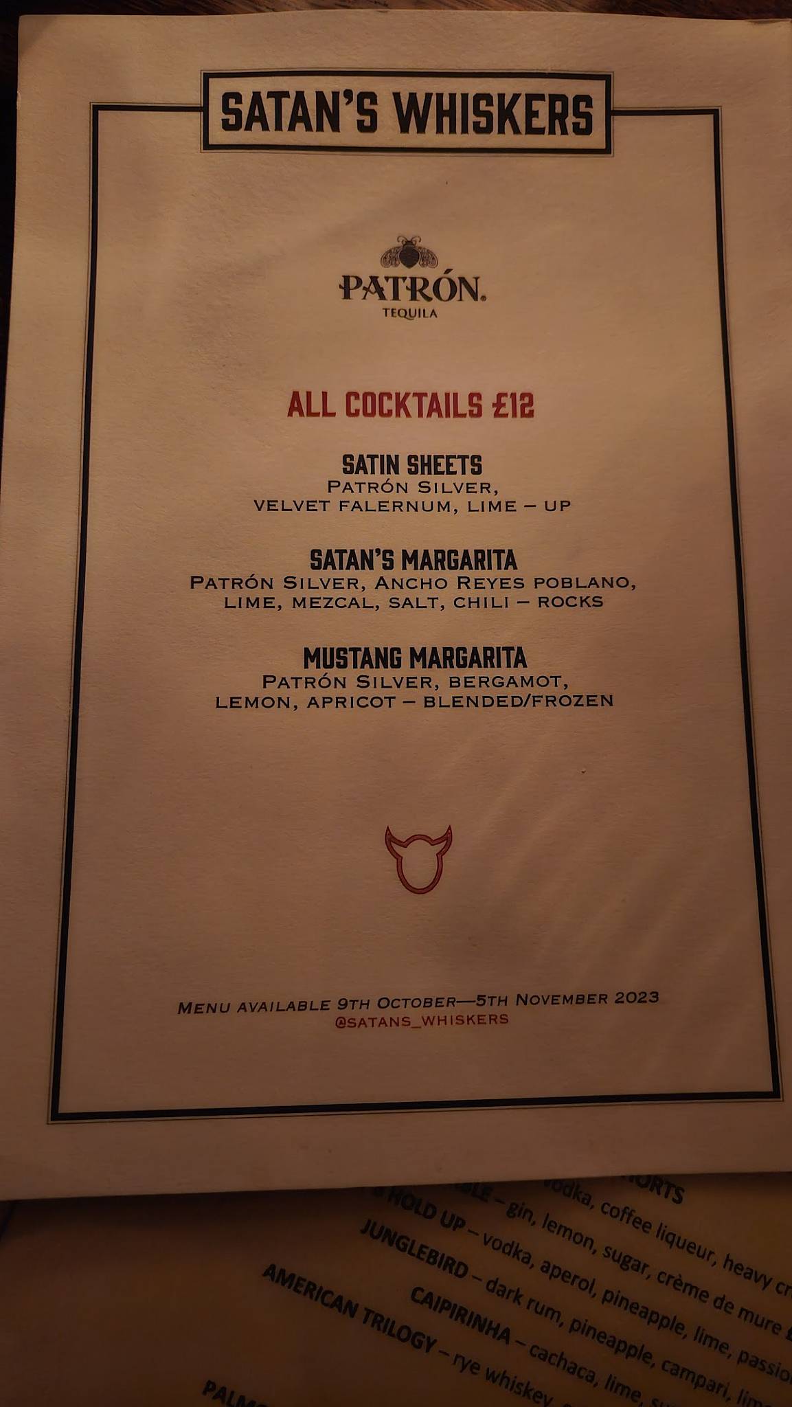 Menu at Satan's Whiskers pub & bar, London