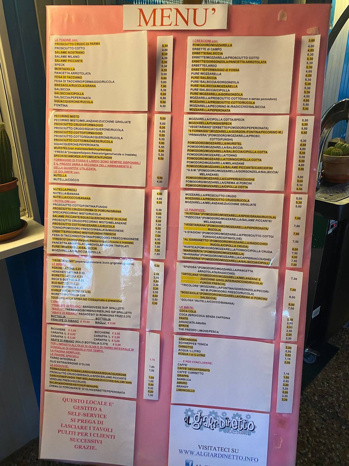 Menu di Al Giardinetto Piadina e Crescioni 