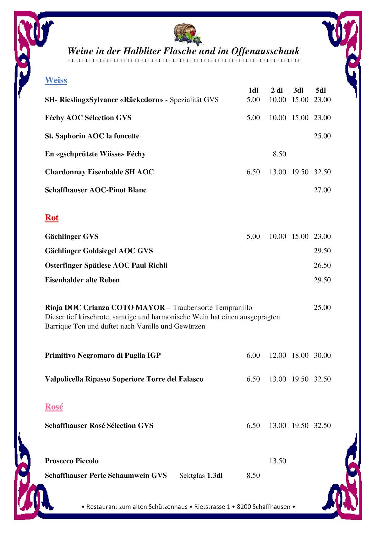 Menu di Schweizer Küche Events Restaurant Zum Alten Schützenhaus 