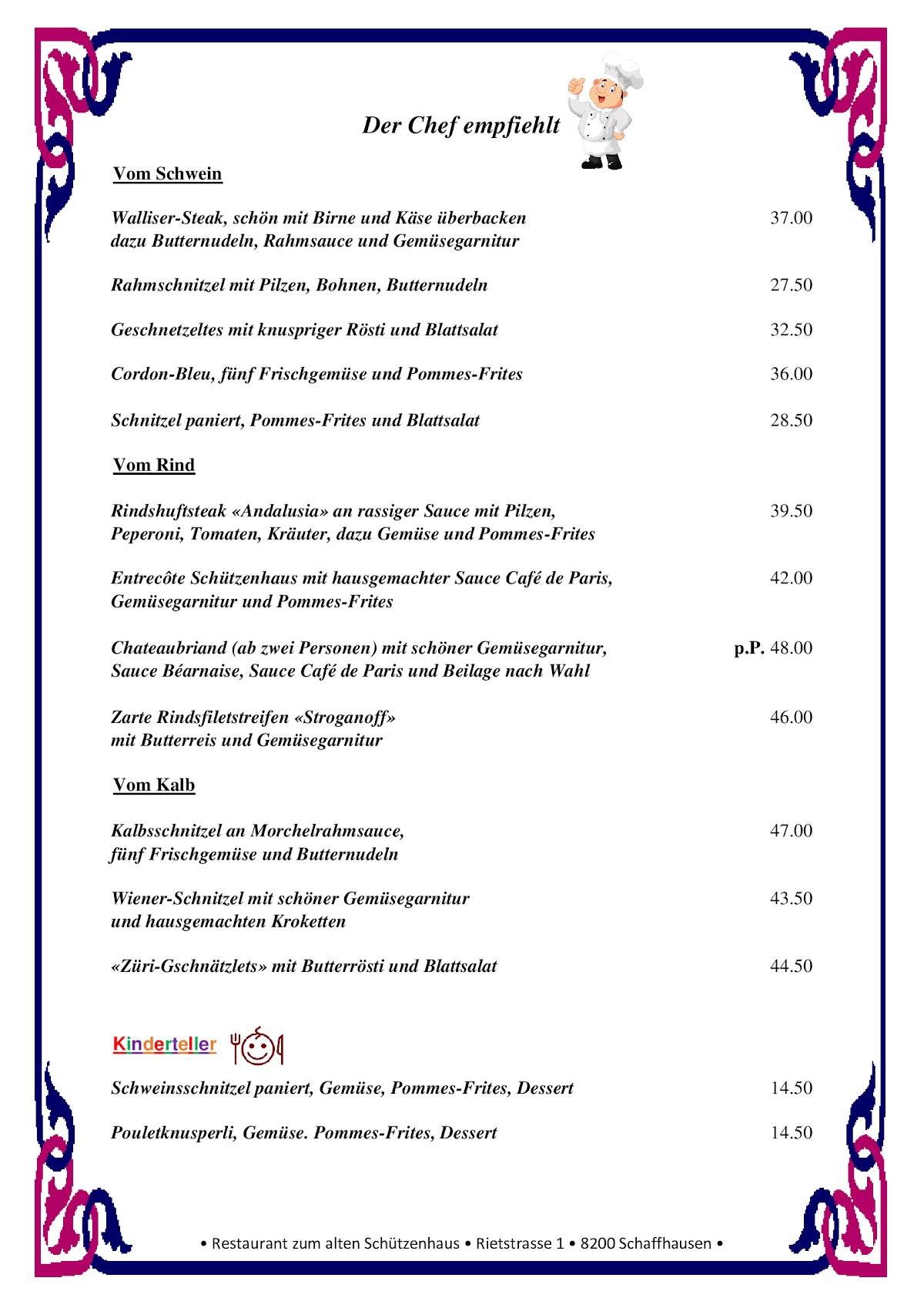 Menu di Schweizer Küche Events Restaurant Zum Alten Schützenhaus 