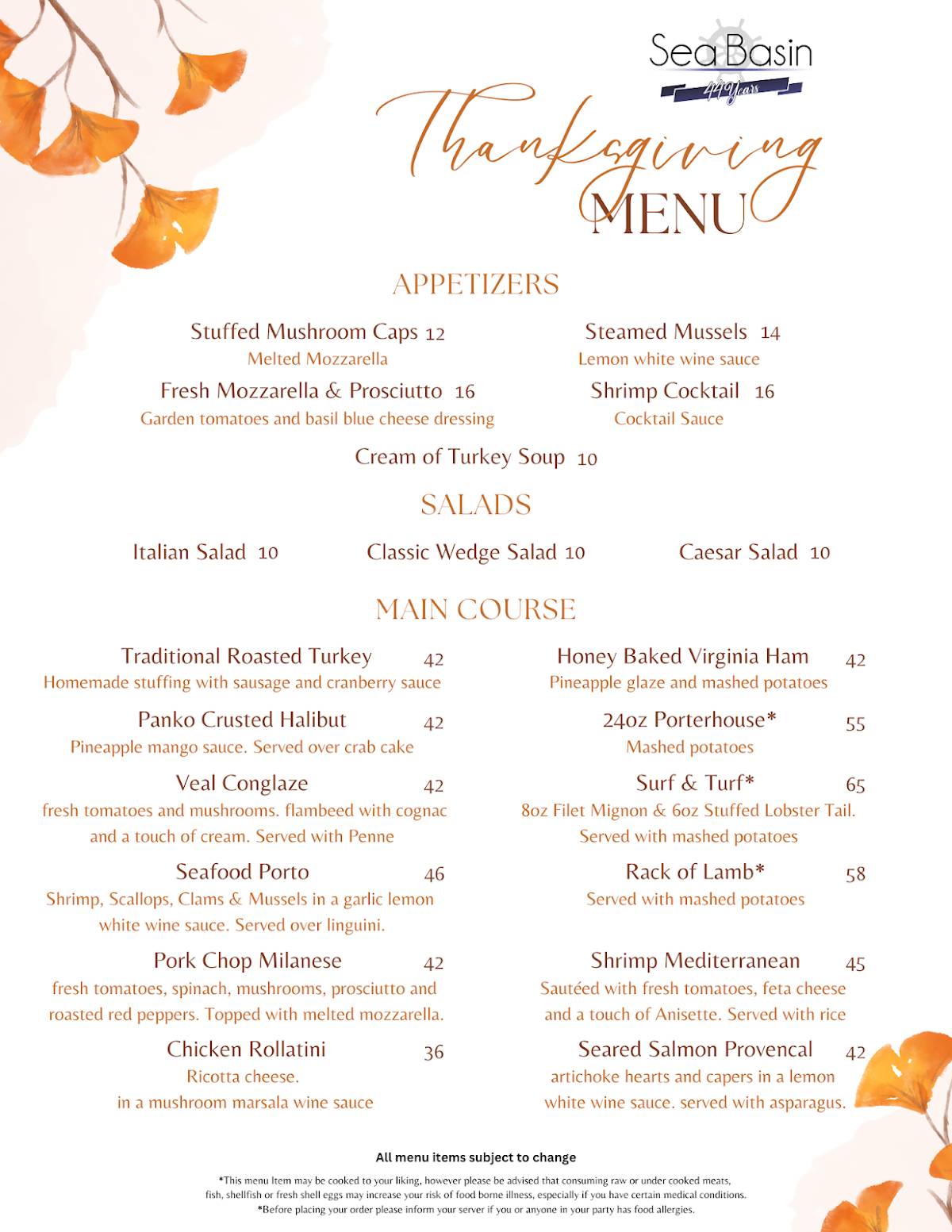 Menu at Sea Basin restaurant, Rocky Point