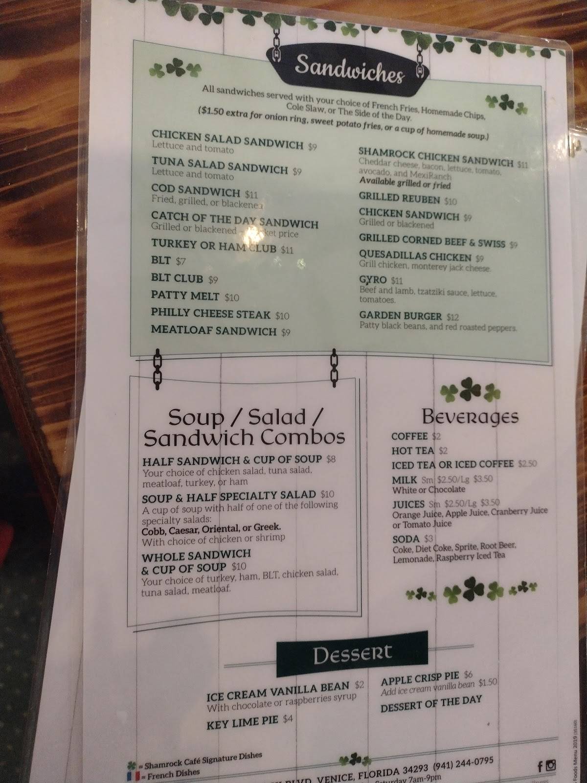 Menu at Shamrock Cafe, Venice