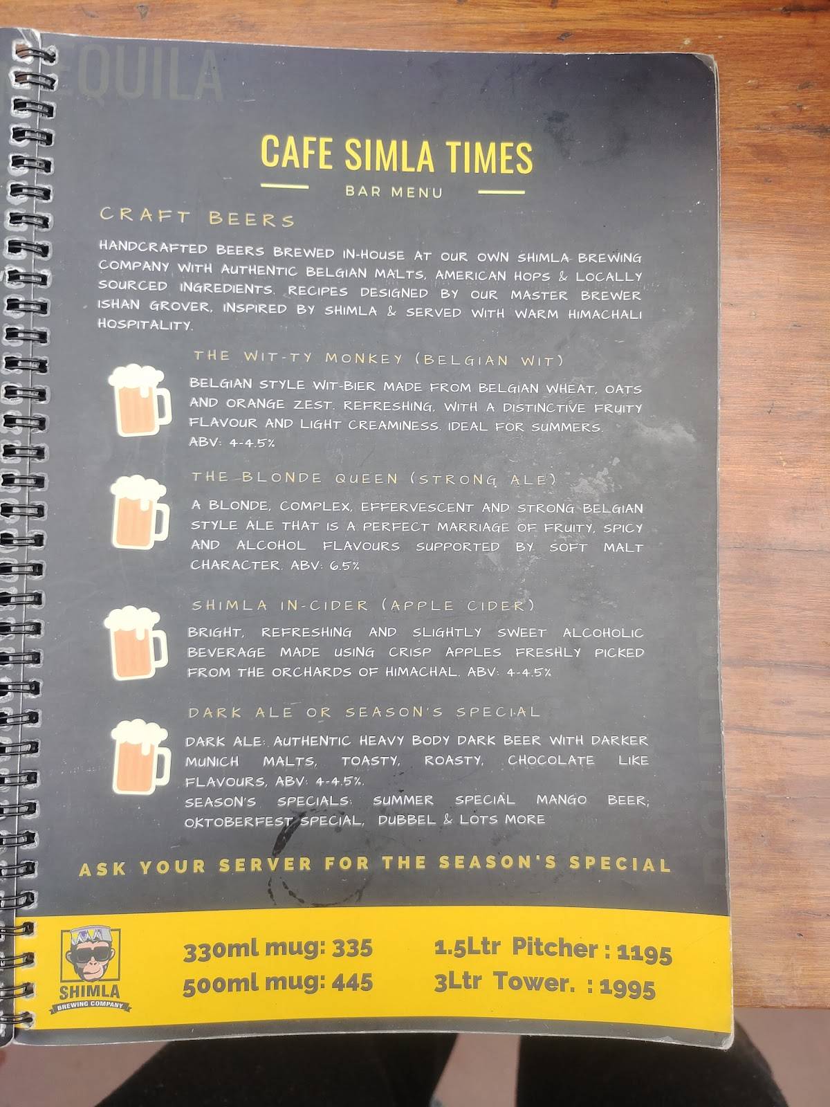 Shimla Brewing Company menu