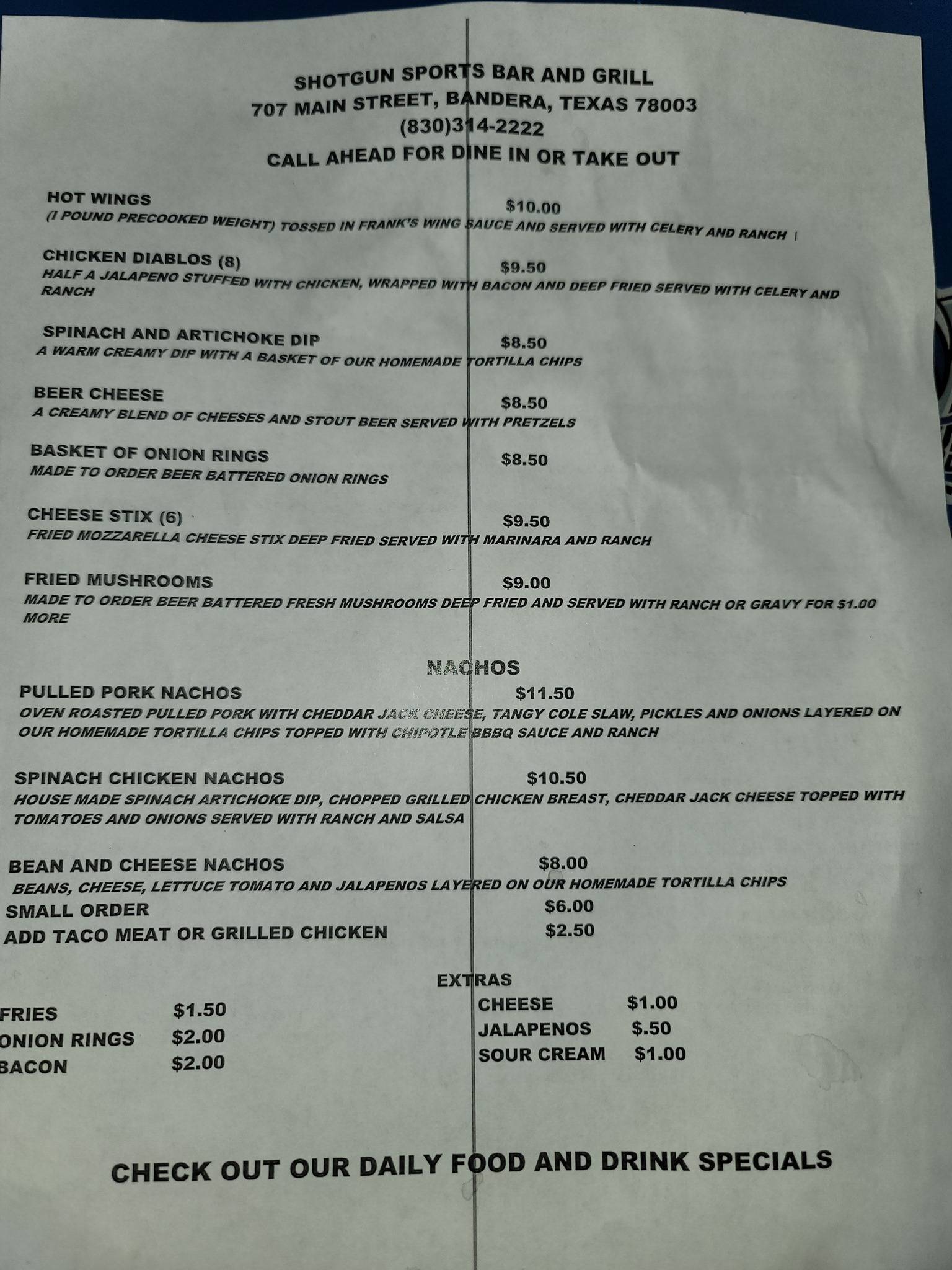 Menu at Shotgun Sports Bar & Grill, Bandera