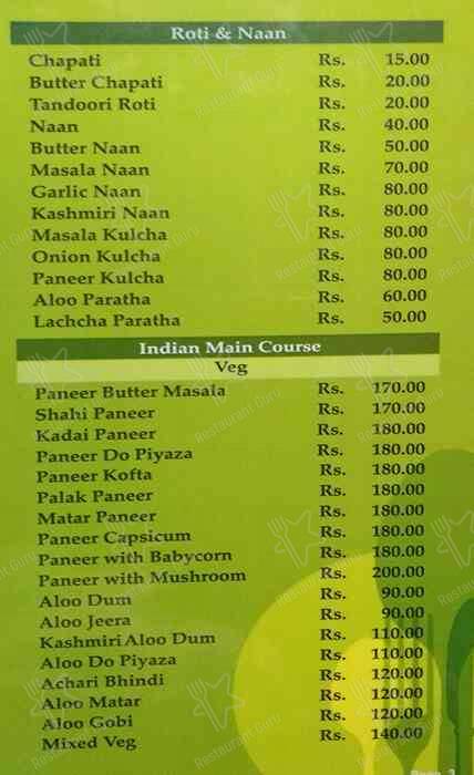 Skygreen Rooftop Restaurant menu