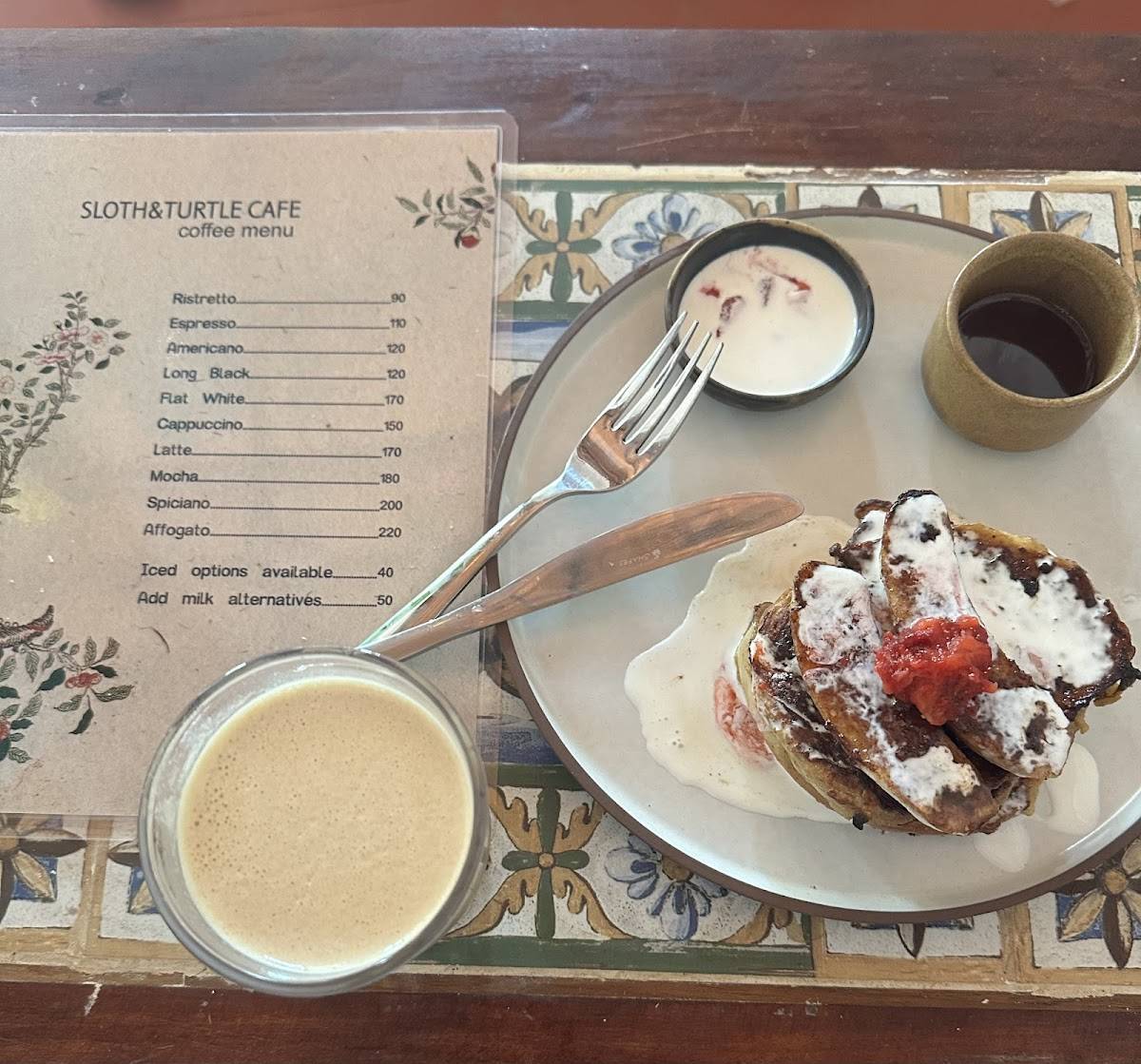 Sloth and Turtle Cafe menu