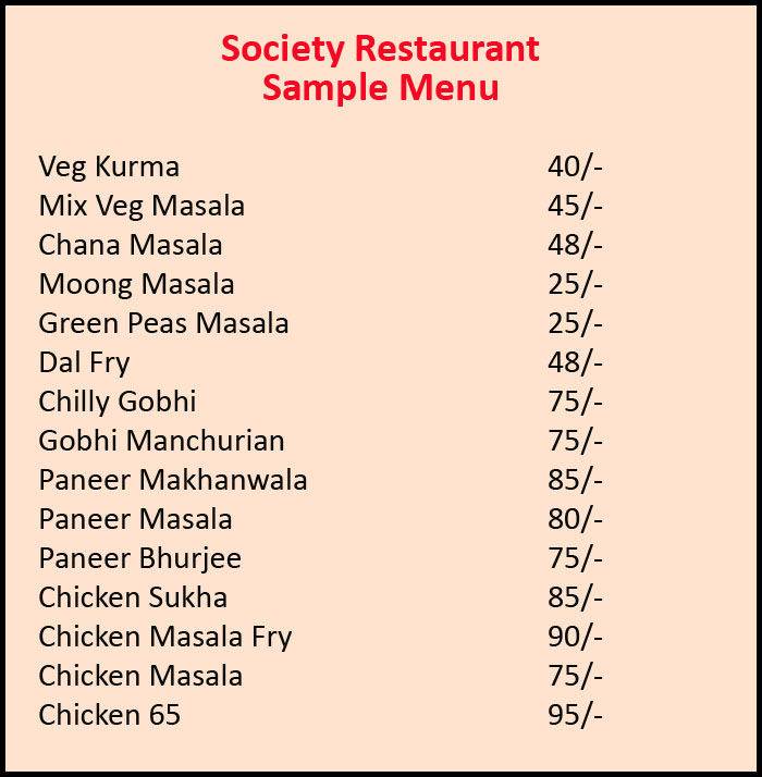 Society Restaurant menu