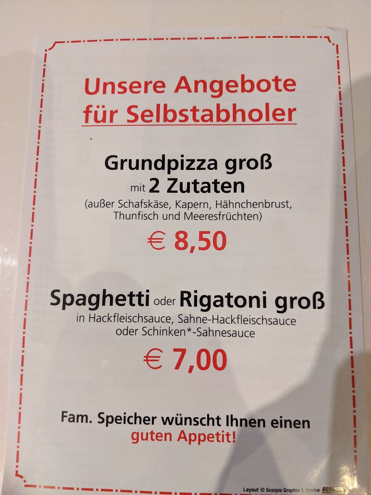 Speisekarte von Speichers Holzofenpizza Püttlingen