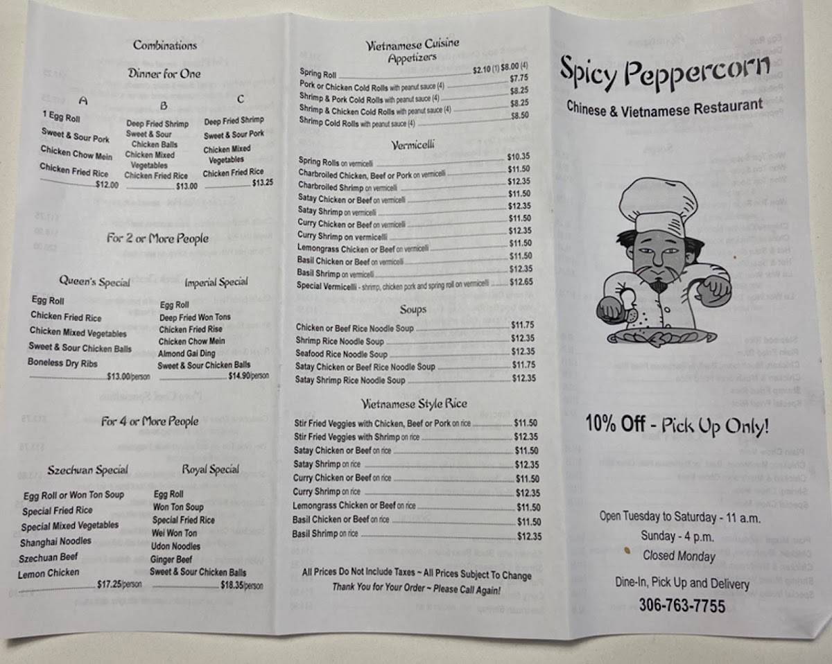 Menu at Spicy Peppercorn Chinese & Vietnamese Restaurant, Prince Albert