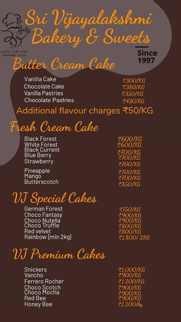 Sri Vijayalakshmi Bakery and Sweets menu