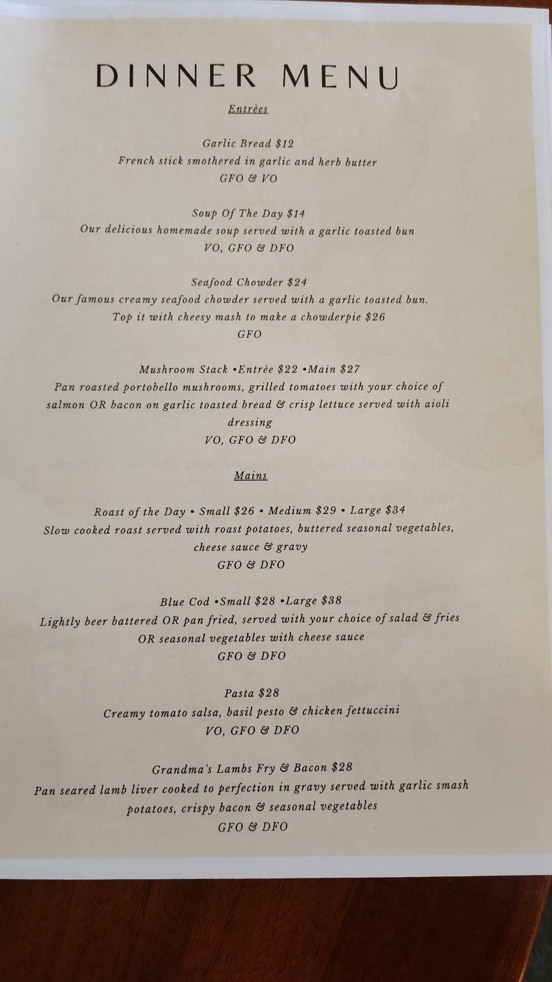 Menu at Star and Garter Restaurant, Oamaru