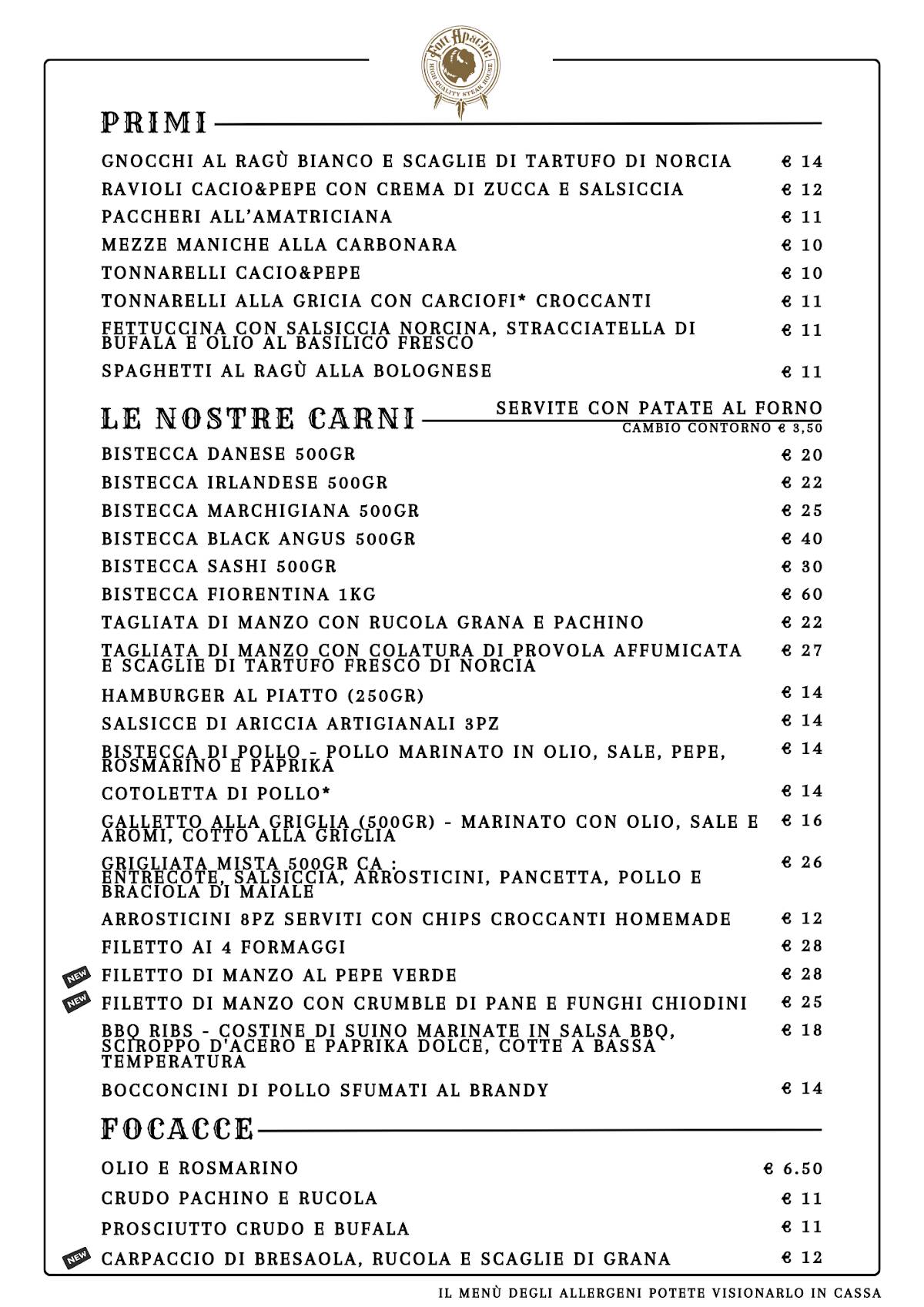 Menu di Fort Apache Capannelle 