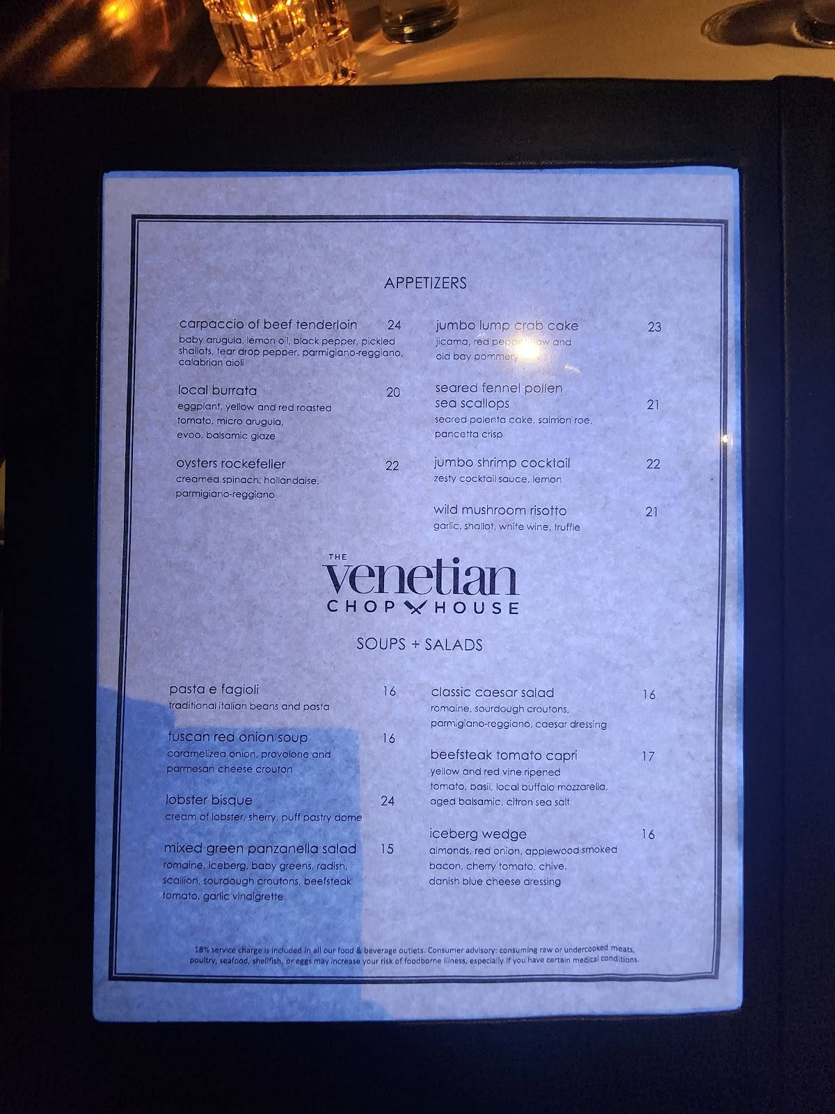 Menu at The Chop House steakhouse, Orlando