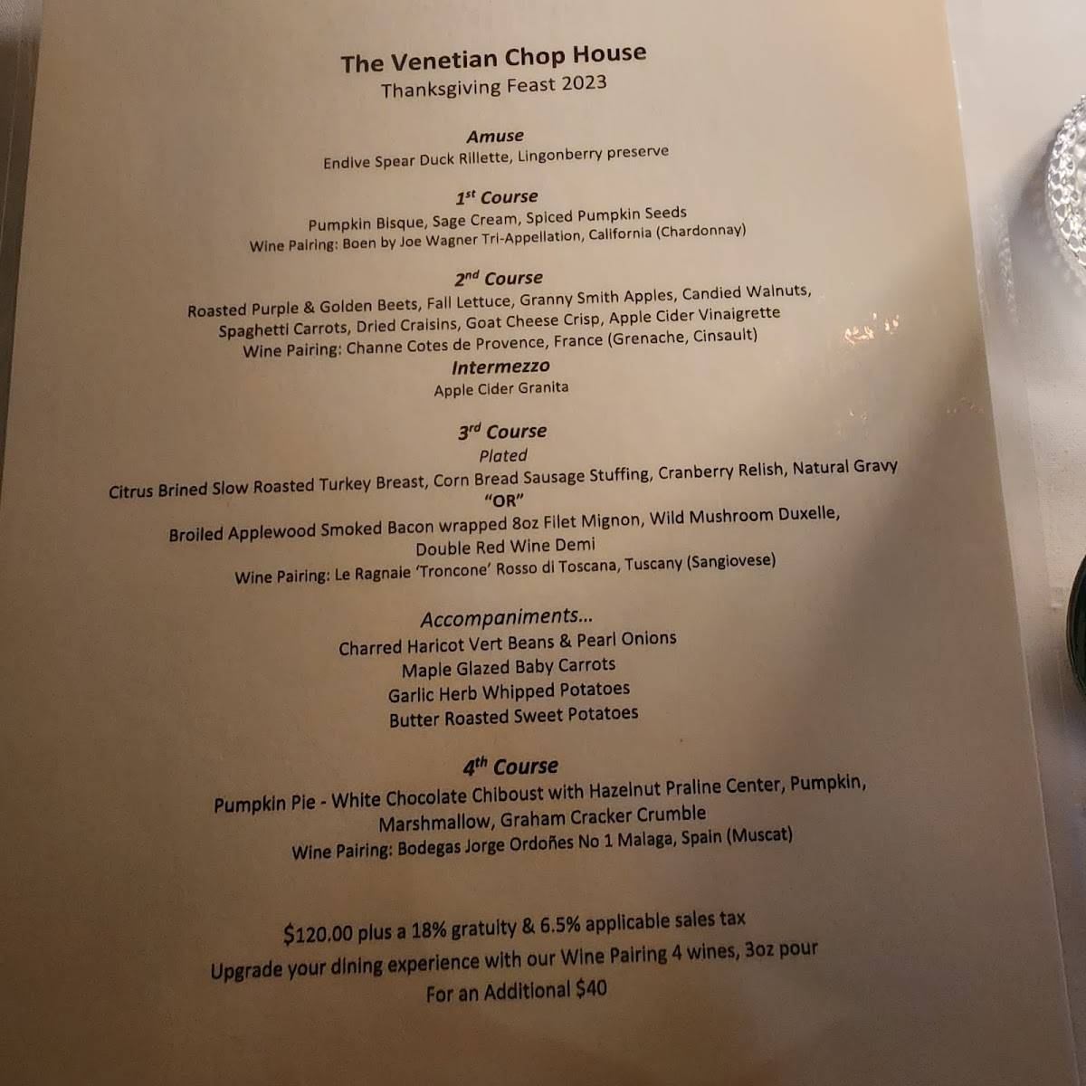 Menu at The Venetian Chop House steakhouse, Orlando