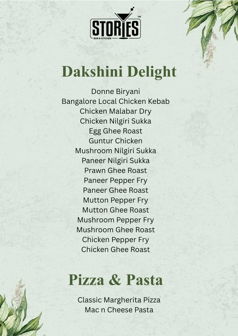 Stories Bar & Kitchen - Rajajinagar menu