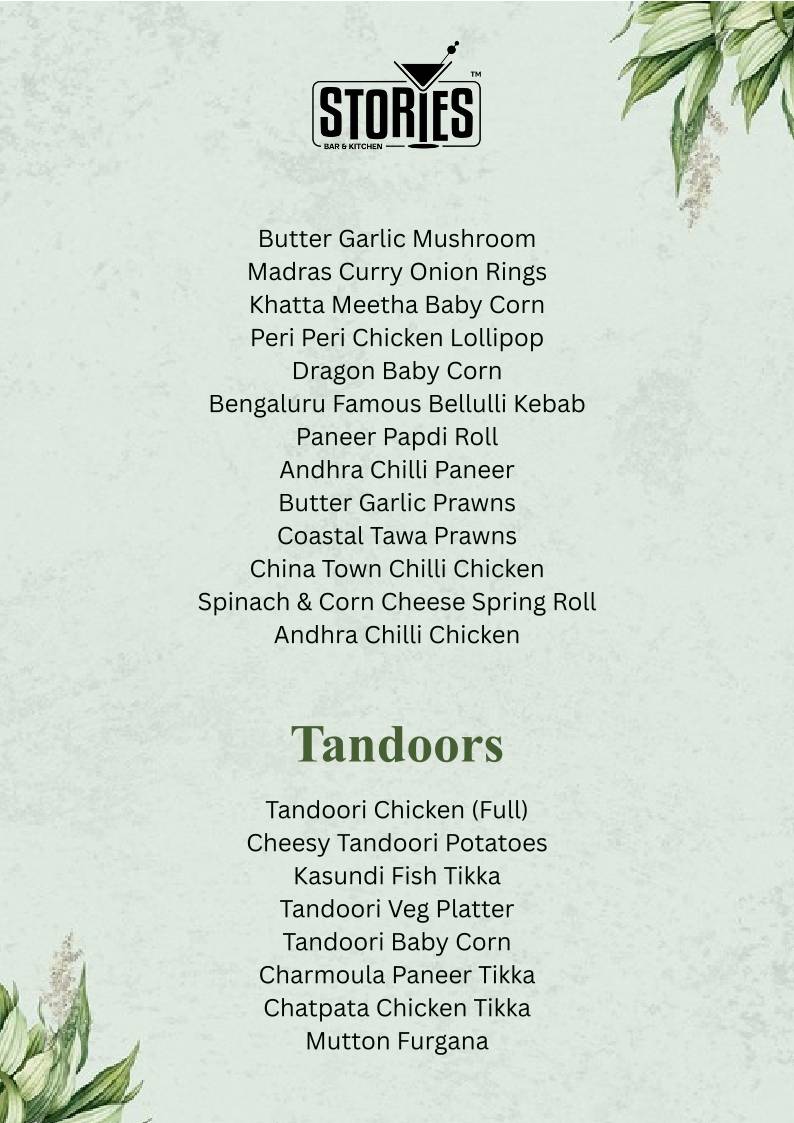 Stories Bar & Kitchen - Rajajinagar menu