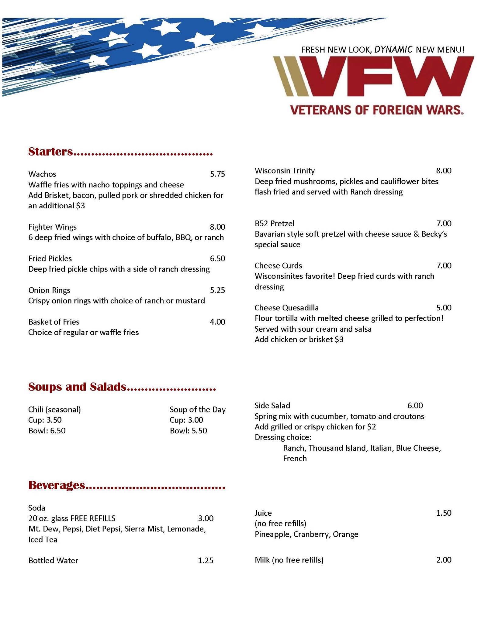 Menu at Stoughton VFW restaurant, Stoughton