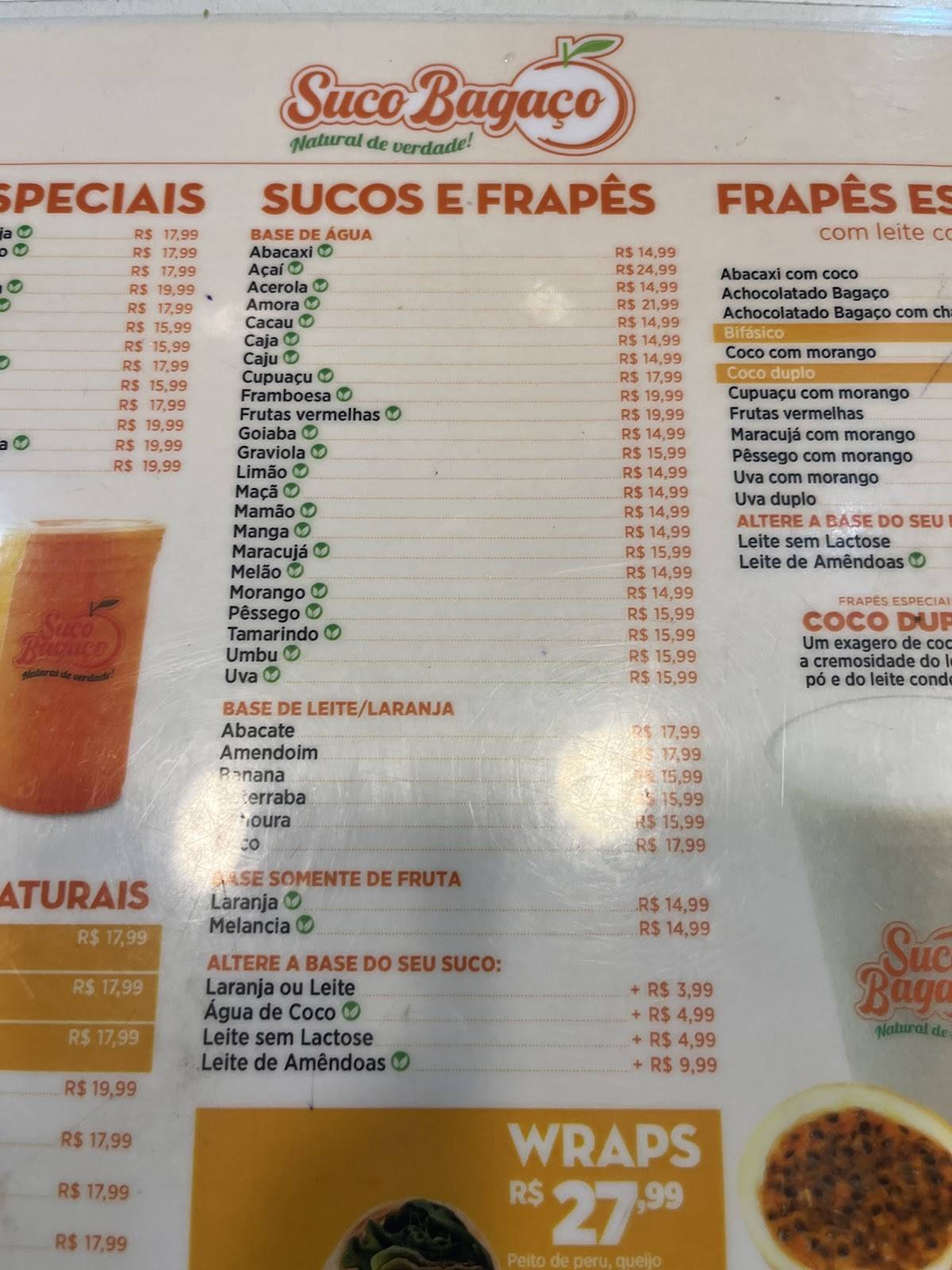 Suco Bagaço cardápio