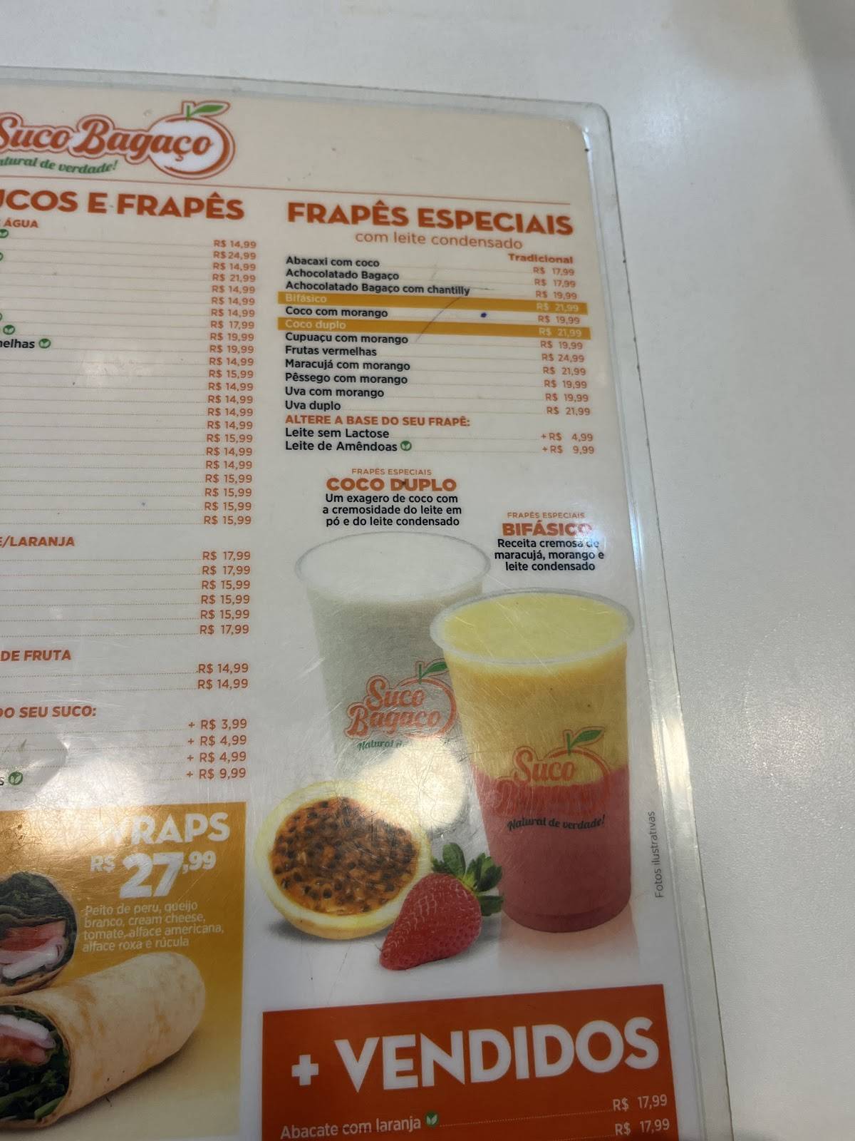 Suco Bagaço cardápio