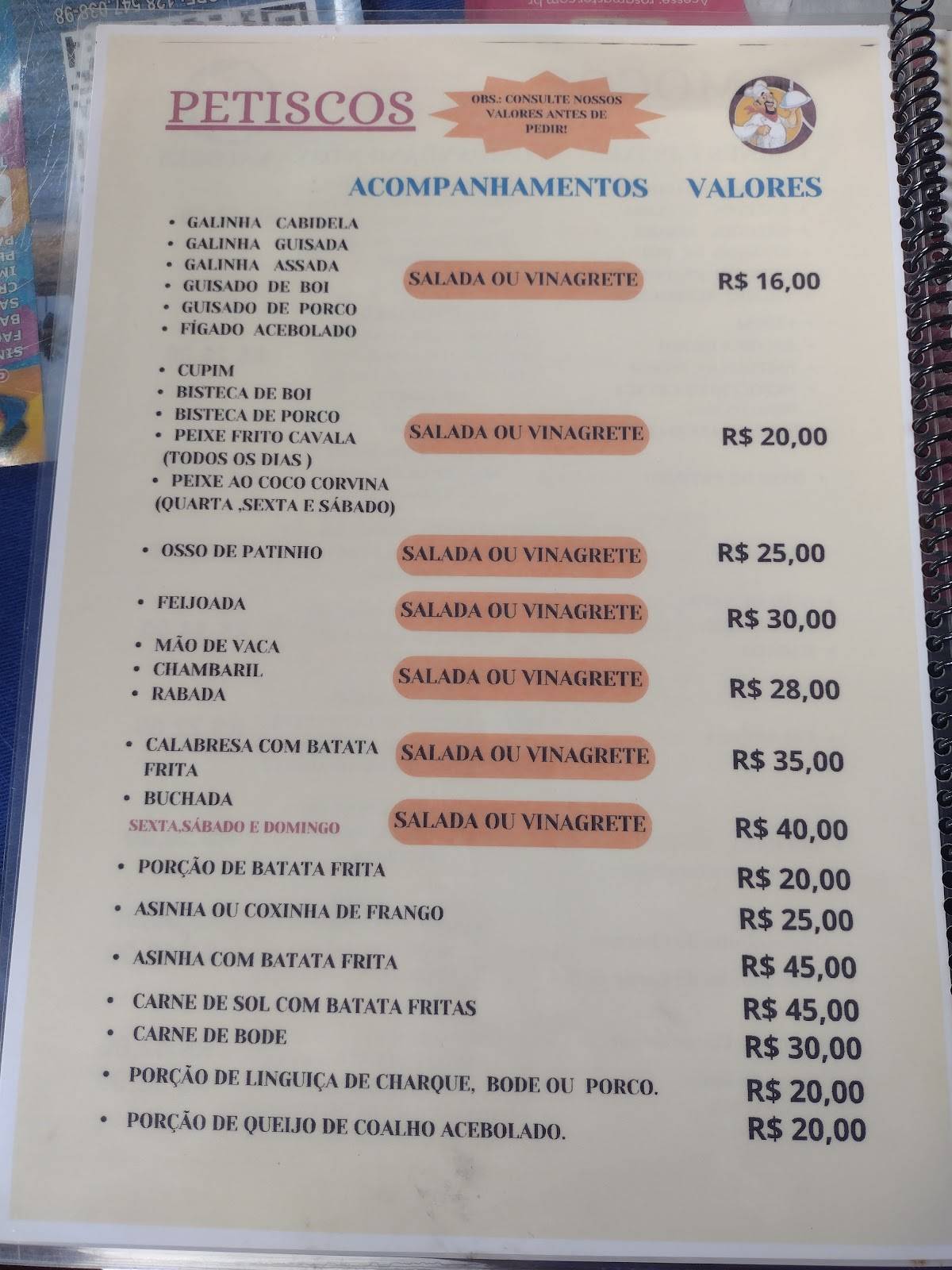 Sueli e Heraldo Refeições cardápio