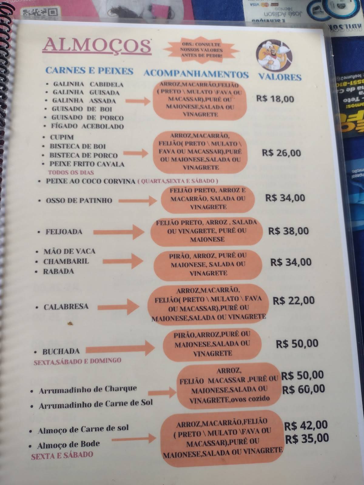 Sueli e Heraldo Refeições cardápio