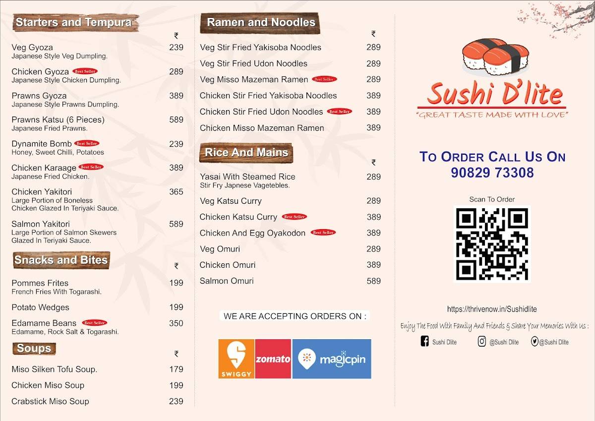 Sushi D'Lite "Great taste Made with Love" menu