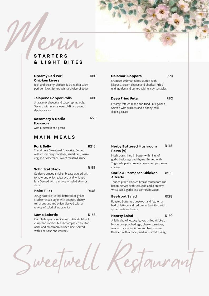 Menu de Sweetwell Restaurant & Destination