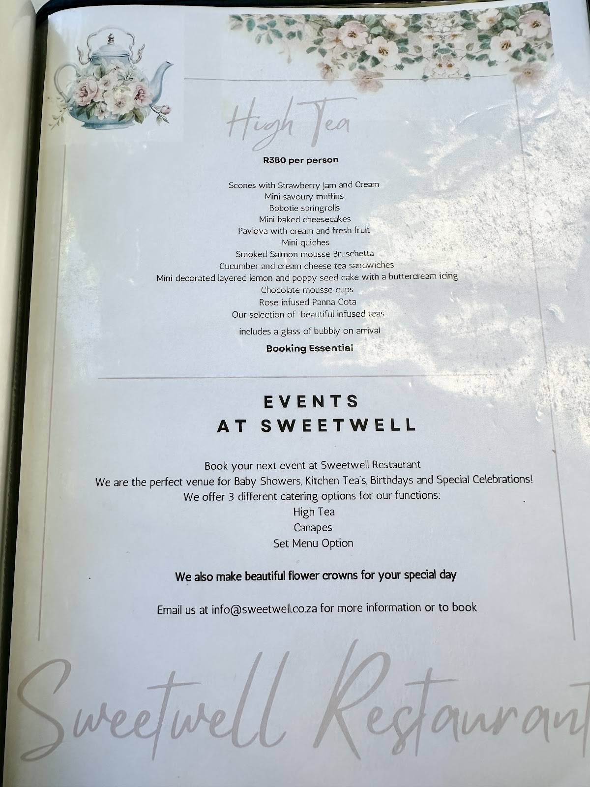 Menu de Sweetwell Restaurant & Destination