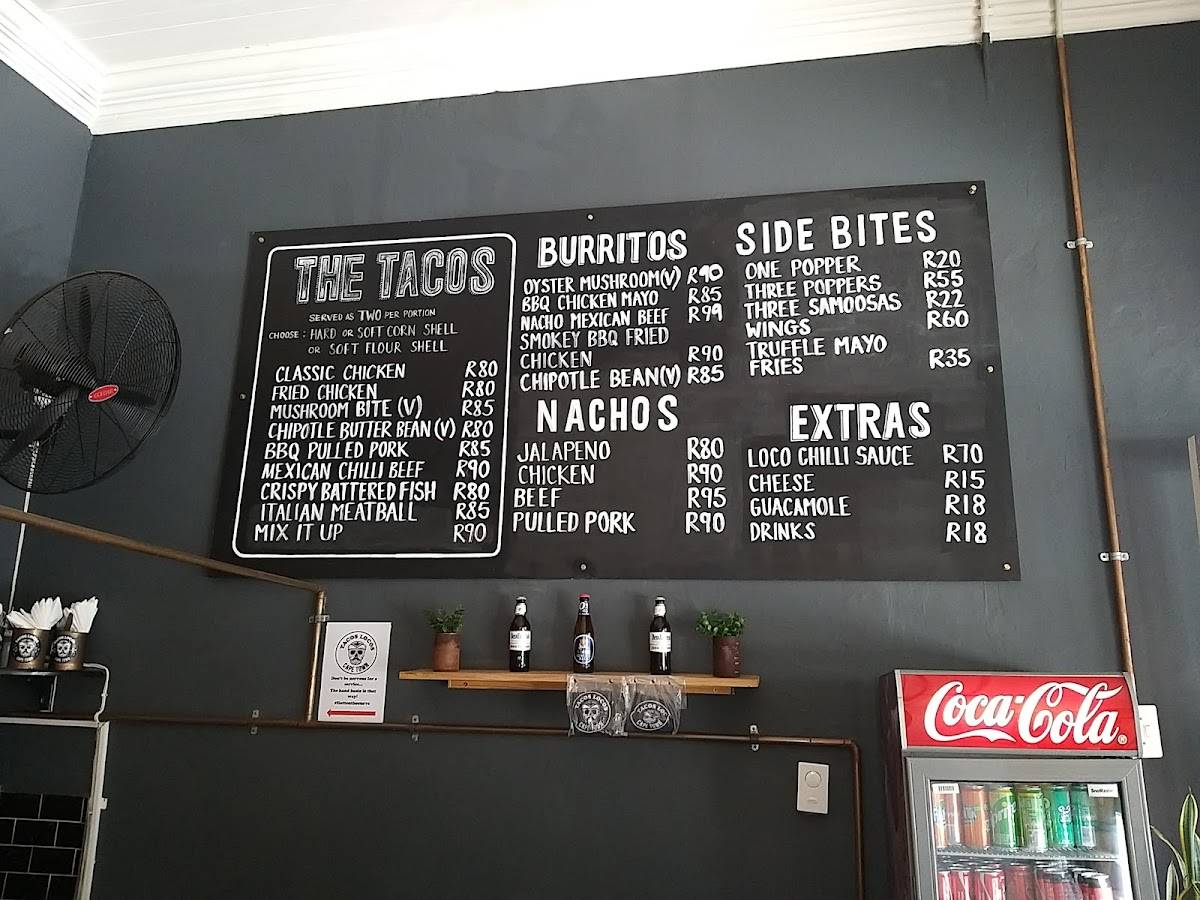 Menu at Tacos Locos restaurant, Cape Town