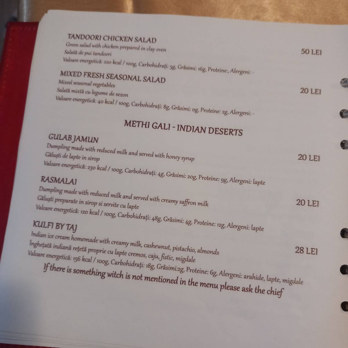 Menu de Taj Indian Cuisine